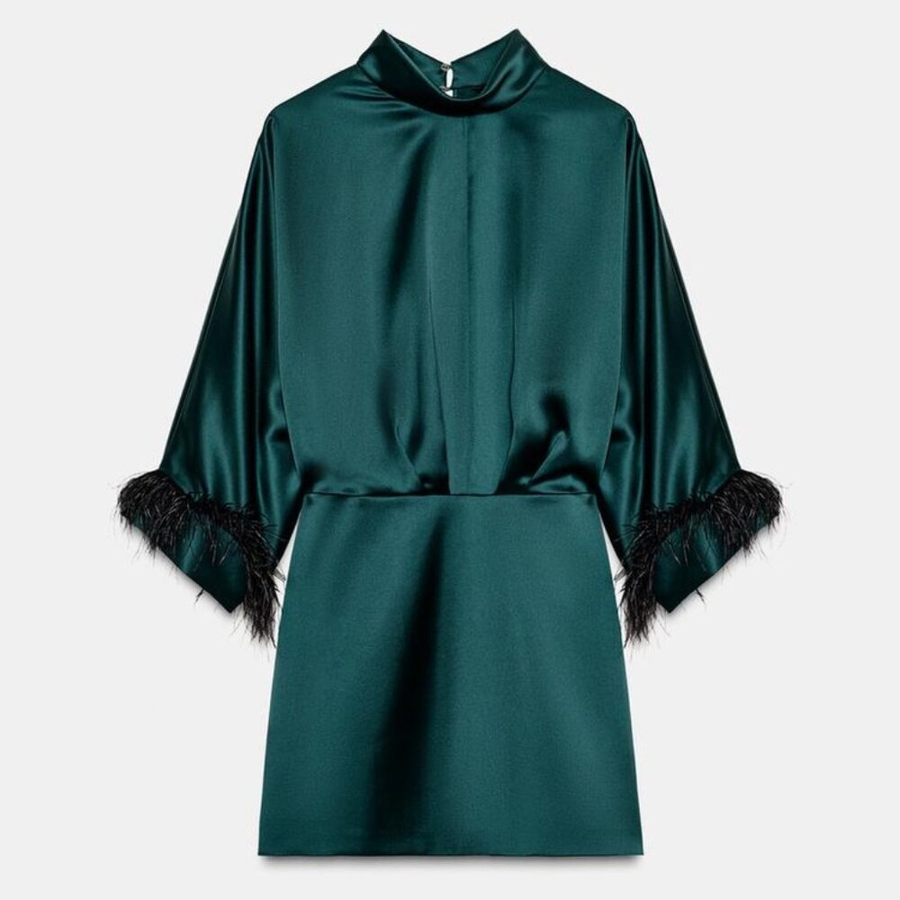 ZARA FEATHER SATIN EFFECT SHORT DRESS